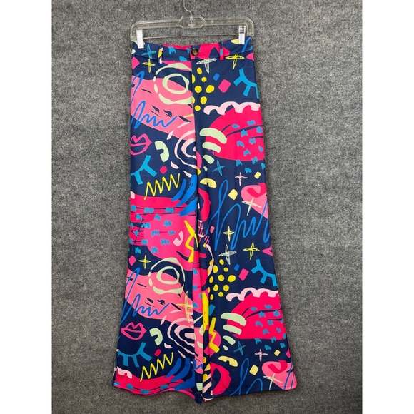 Denim & Love Pants - Denim& Love Abstract Graffiti Wide Leg Pants Women's M Navy‎ Pink Retro